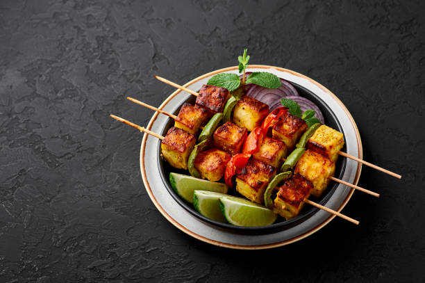 Marinated grilled paneer cubes with bell peppers